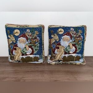 TWO Vintage Christmas Tapestry Pillow Cases with Pillows